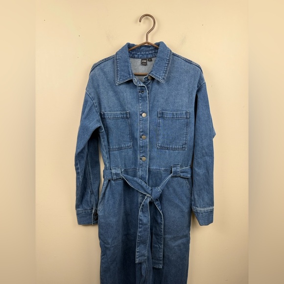 ICONE by Simon’s long sleeve cotton belted denim jean jumpsuit medium - Picture 4 of 12